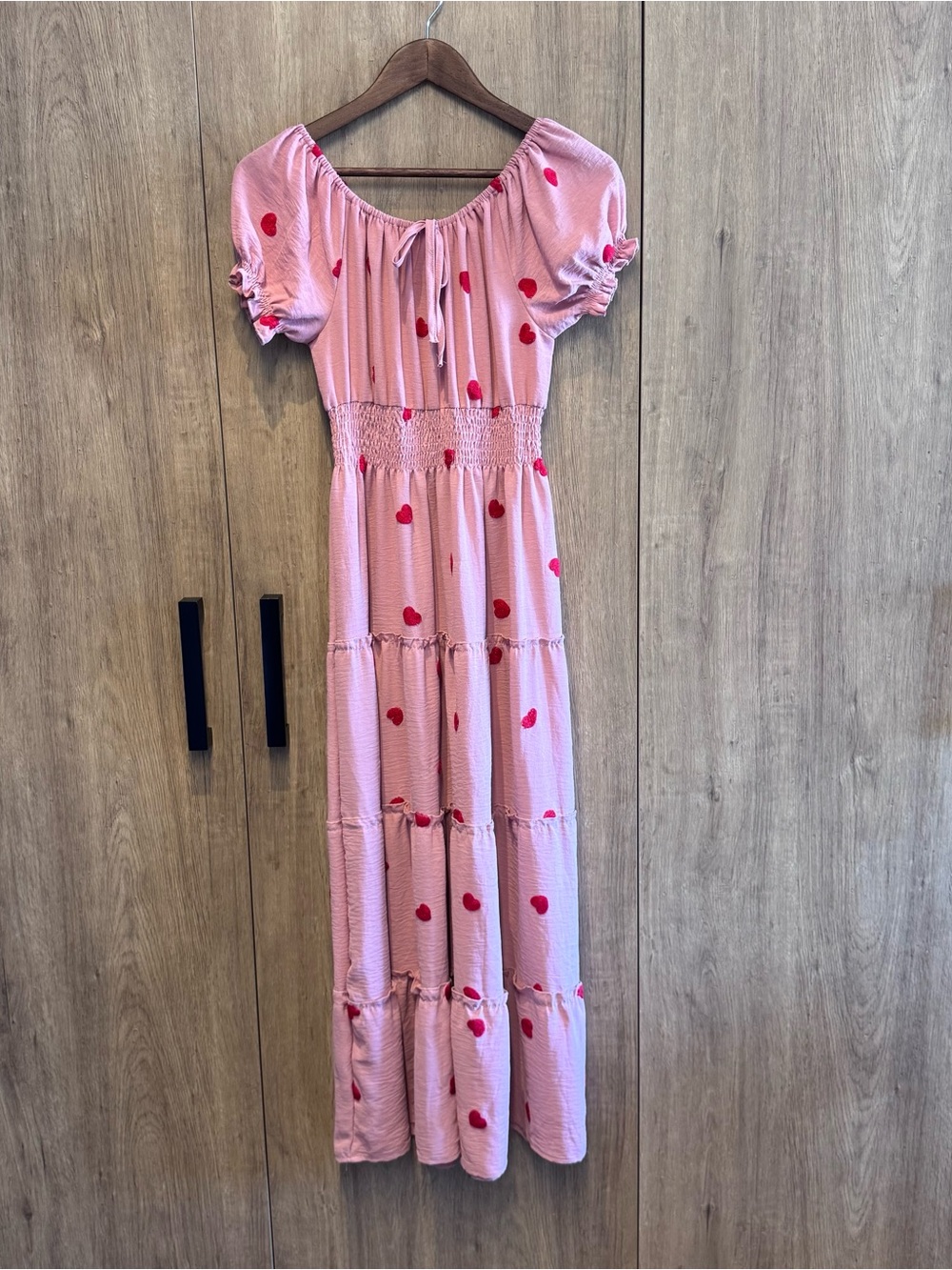 Anthropologie Kindred Smocked Waist Tiered Pink Maxi Dress Red Heart Petite S